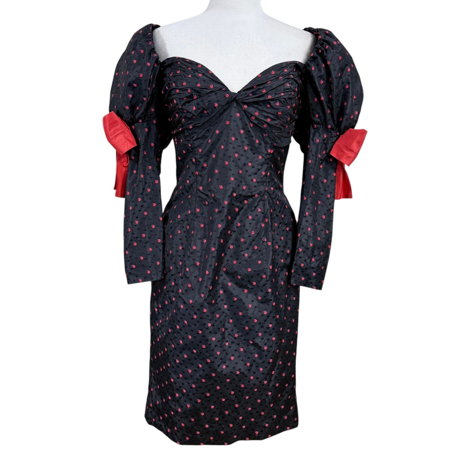 Vintage 80s Isabelle Allard Paris Puff Sleeve Silk Cocktail Dress Black Red Bow