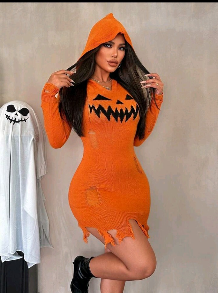 New Halloween Pumpkin Teeth Graphic Orange Sexy Hollow Out Tassel…