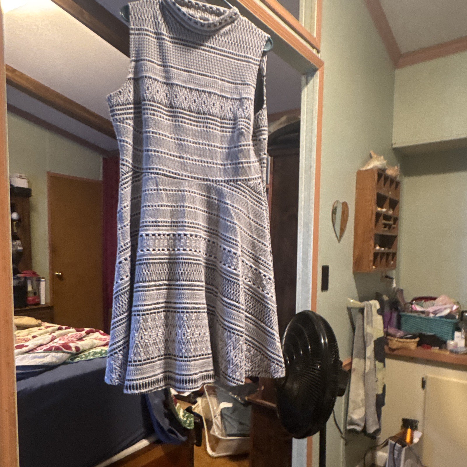 Last Exit 3X Plus Gray/White Striped Knit Sleeveless Mock Neck Fit & Flare