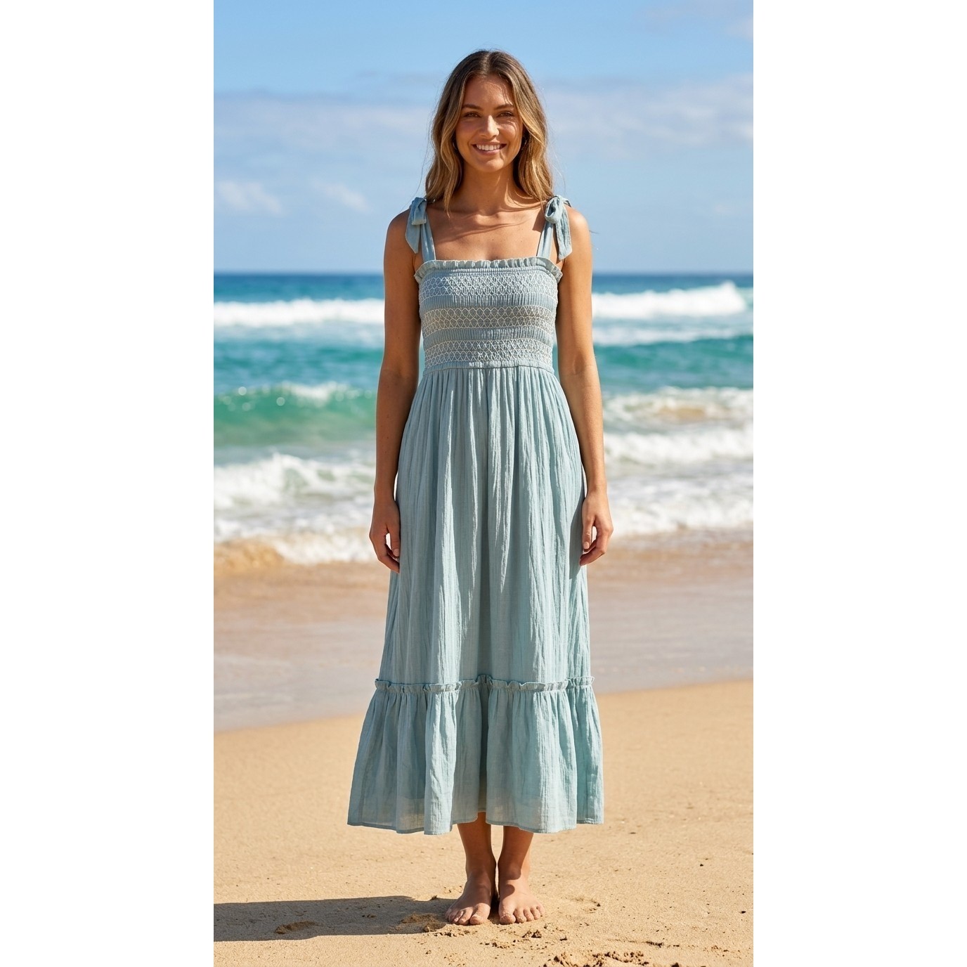 AS U WISH Women’s Size M Seafoam Teal Smocked Sleeveless Lined Dress Tiered