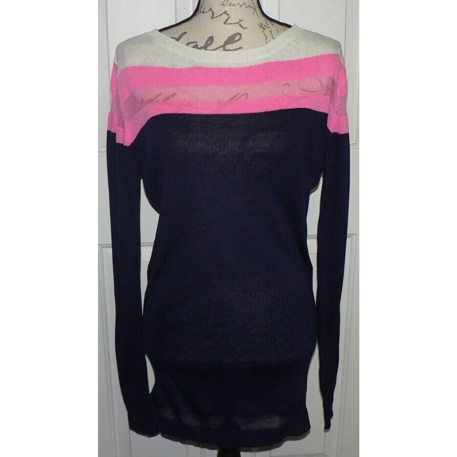 John + Jenn Lightweight Sheer Stripe Sweater Mini Dress Navy/Pink/Wht Medium $99