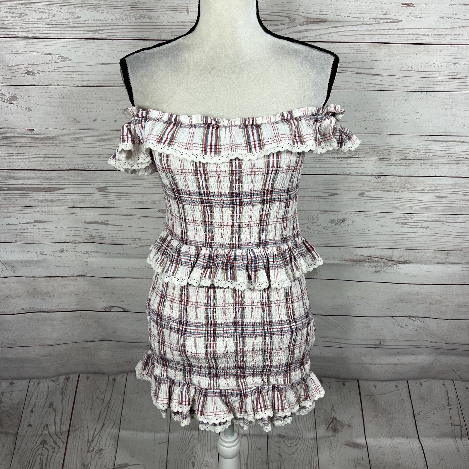 Tularosa Revolve Teri Dress Size Medium Plaid Ruffle Smocked Off Shoulder Mini