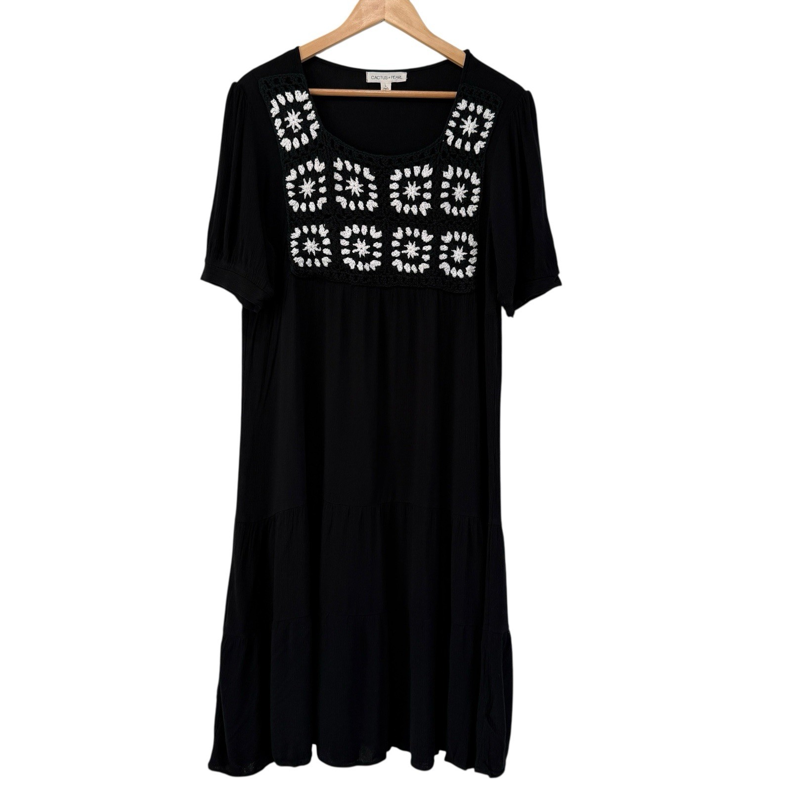 Cactus & Pearl Prairie Granny Black White Crochet Gauze Midi Dress Sz L Cottage