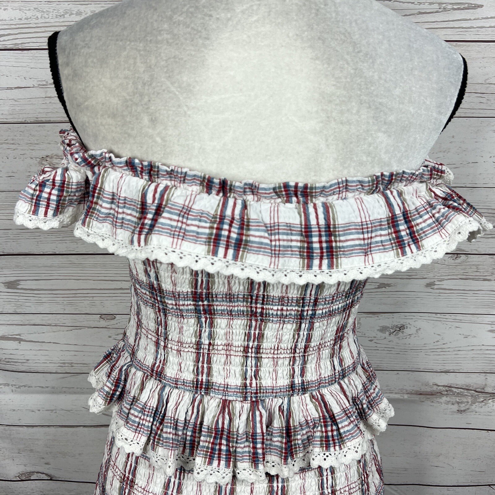 Tularosa Revolve Teri Dress Size Medium Plaid Ruffle Smocked Off Shoulder Mini