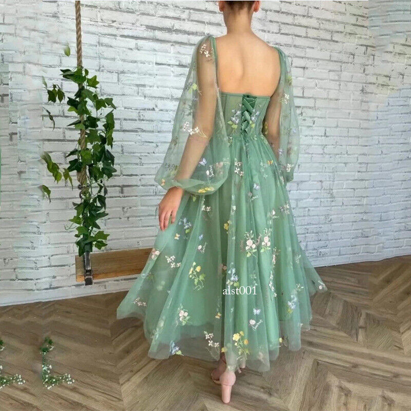 LADY Womens Embroidery Flower Puffy Sleeve Prom Dress Lace Up A-line Midi Dress