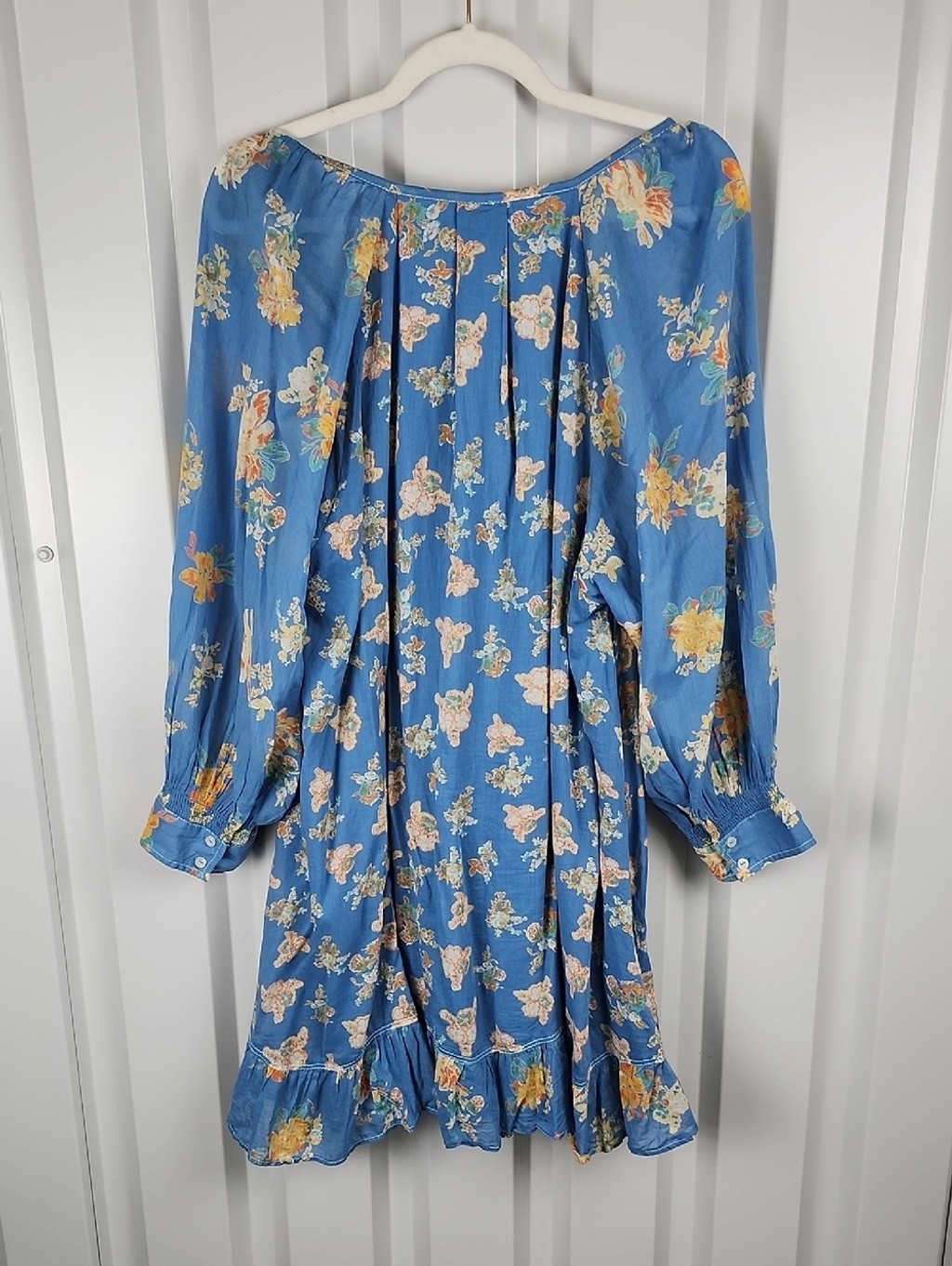 Free People Camella Blue Floral Peasant Mini Dress with Puff Sleeves Size XL