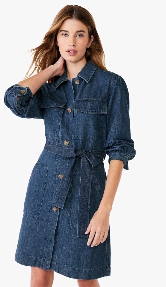 Womens Free Assembly Long Sleeve Shift Denim Dress Indigo Wash Size L. CB1