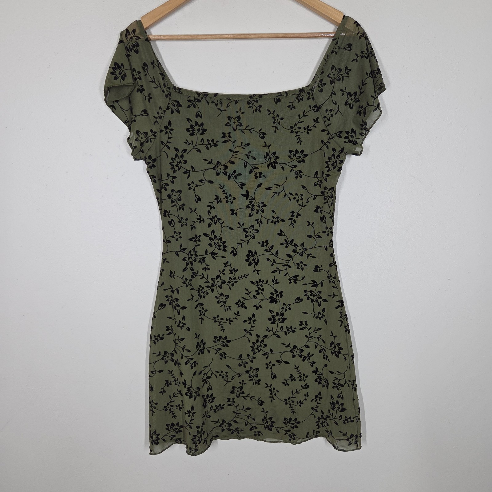 Mesh Velvet Floral Olive Green Mini Dress L Fairy Whimsigoth Goblincore Forest