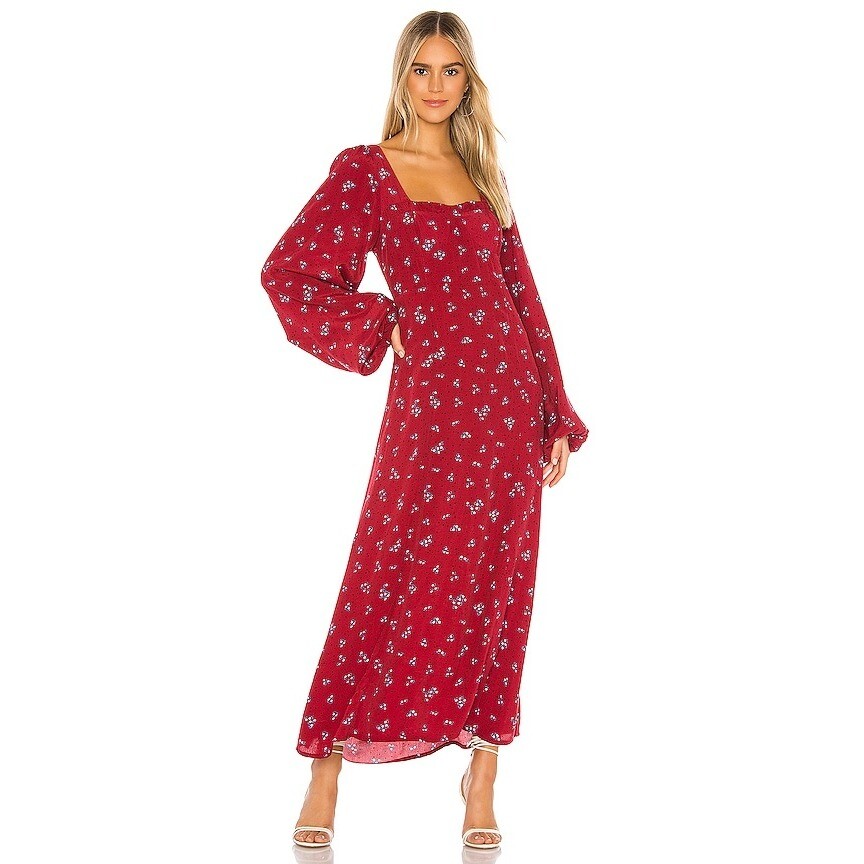 NWT Free People Iris Floral Midi Dress Size Small Wine Red Womens Smocked Boho