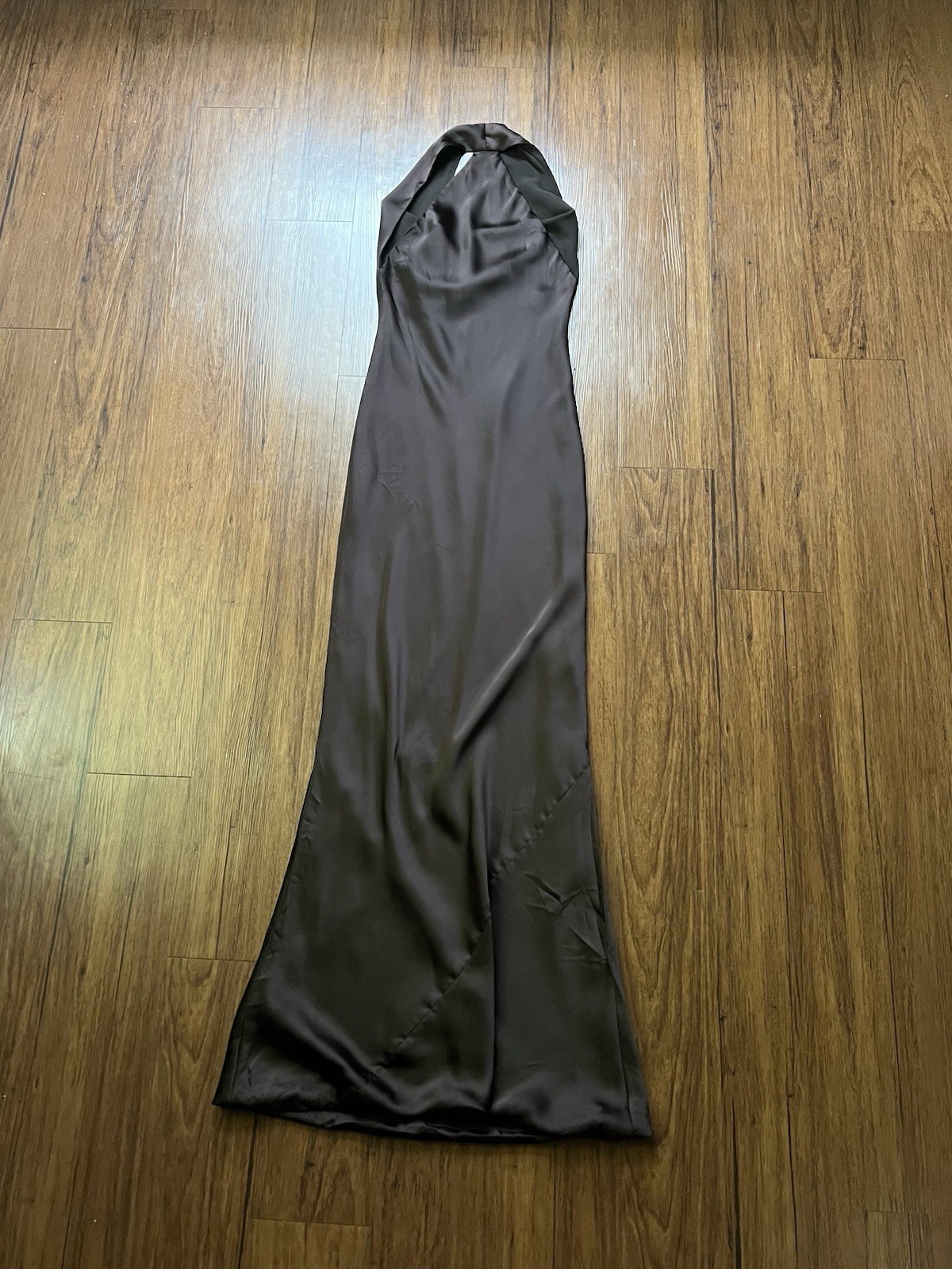 Norma Kamali Halter Drape Bias Gown Size XS Brown Satin Fishtail Hem Bridal Gala