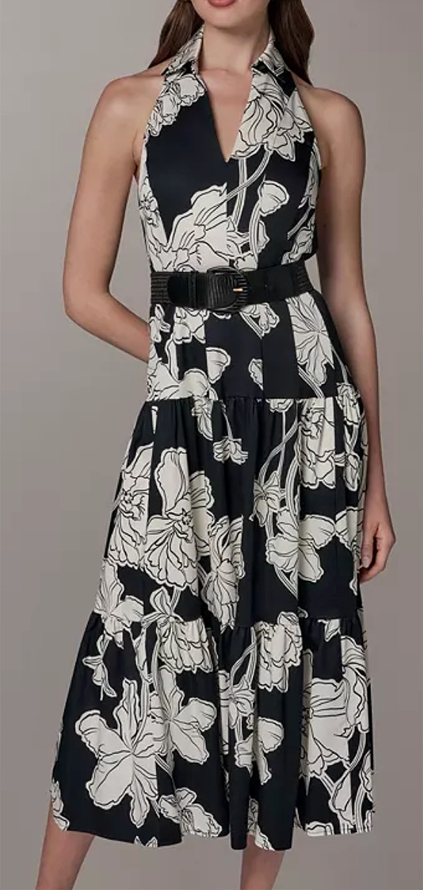 NWT Donna Karan NY Collared Halter A-Line Slvless Dress, 12, Black/Cream, $199