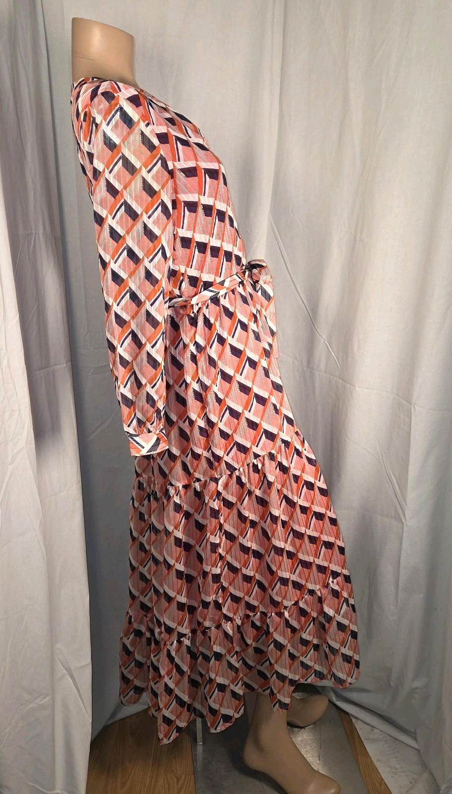 FRNCH Paris Red White Blue Gold Metallic Long Dress 100% Viscose Women’s Size S