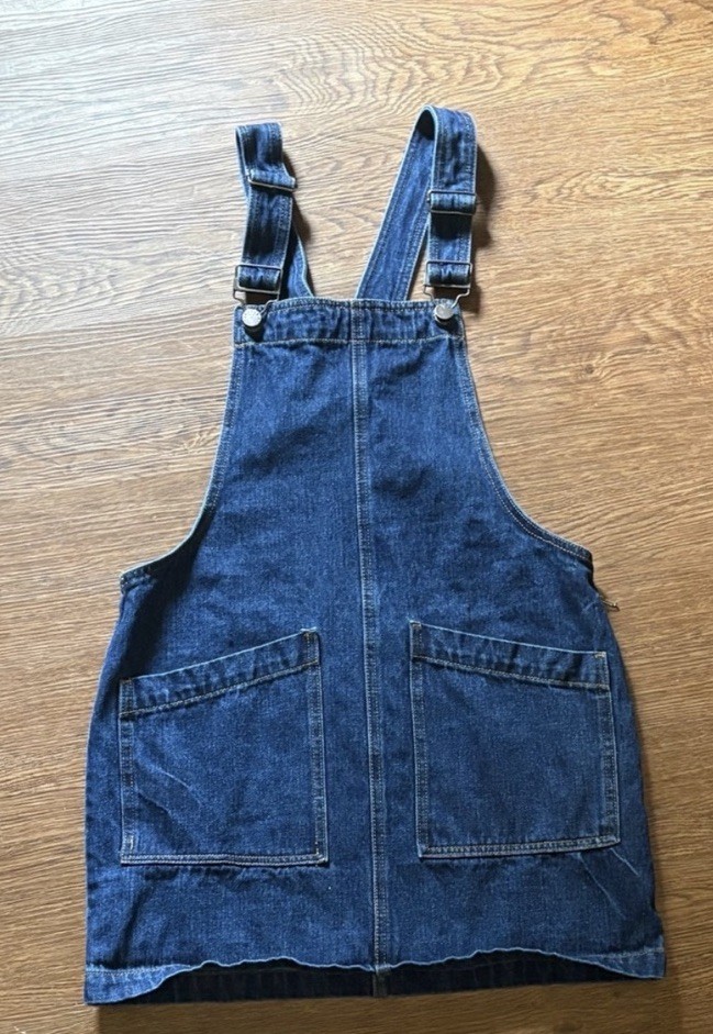 Forever 21 Overall Pinafore Mini Dress Womens Med Blue Denim Dark Wash 2 pocket