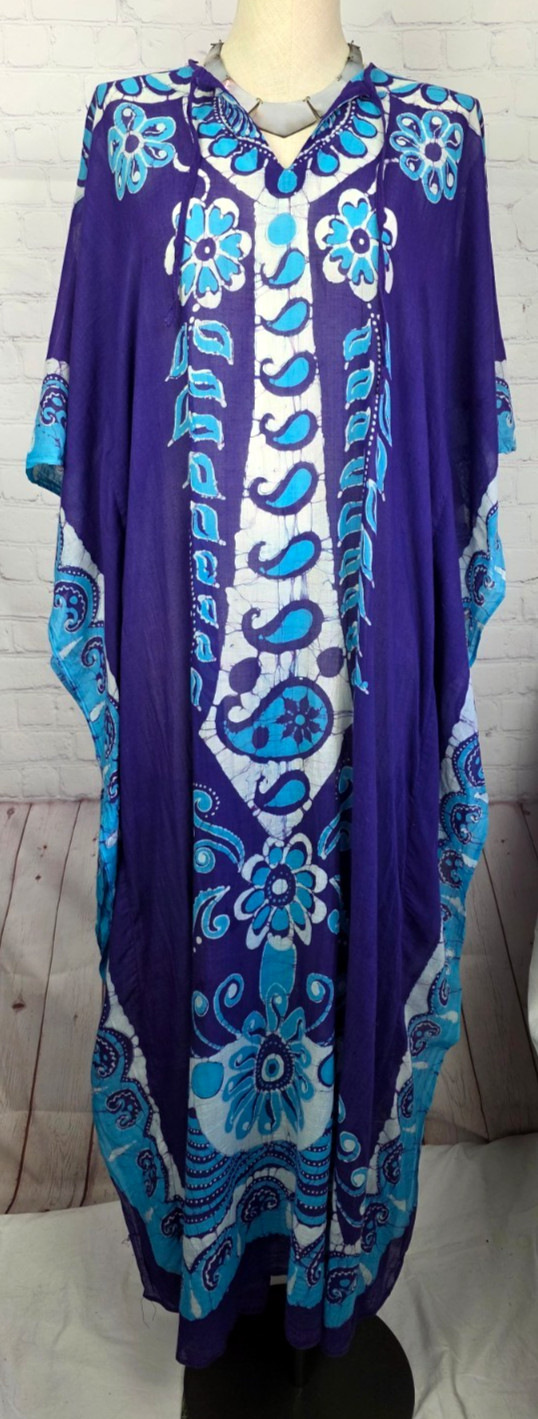 Batik Kaftan Dress Coverup Muumuu Handmade 100% Cotton Tropical Beachy Tribal L
