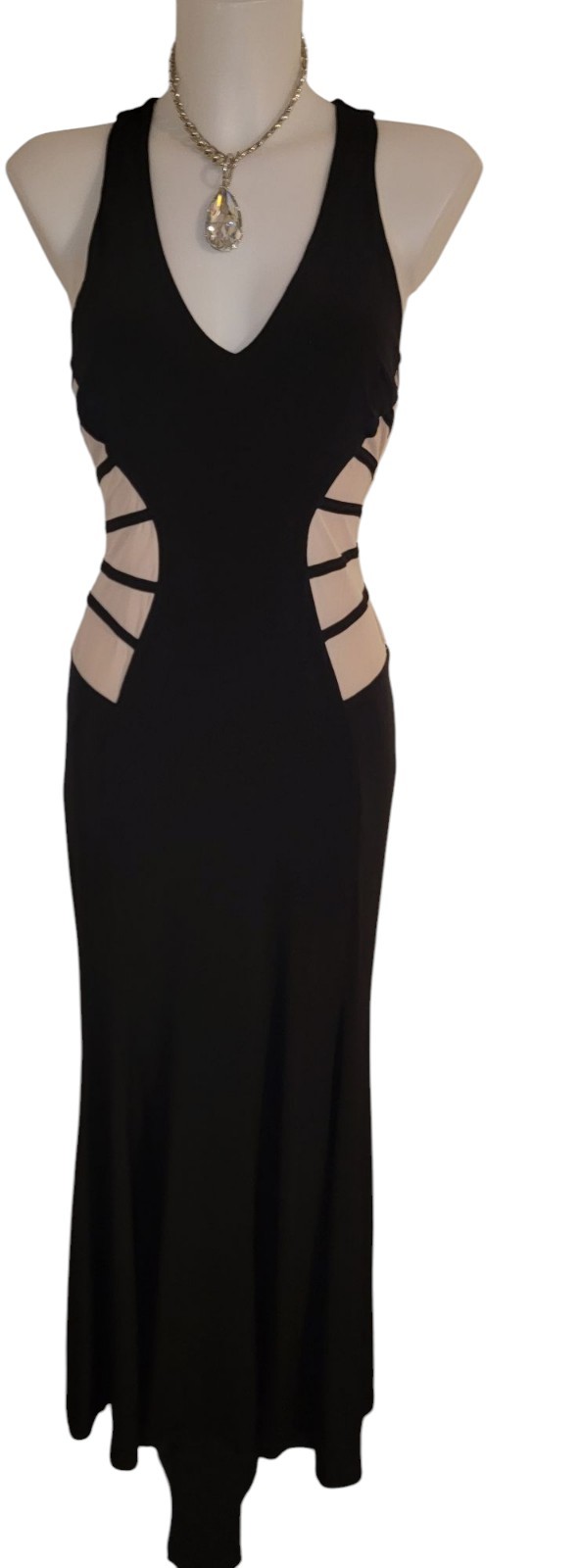90s Y2k Black Mesh Cut-out Razor Back Grunge Witchy Goth Retro Maxi Dress Sz 9