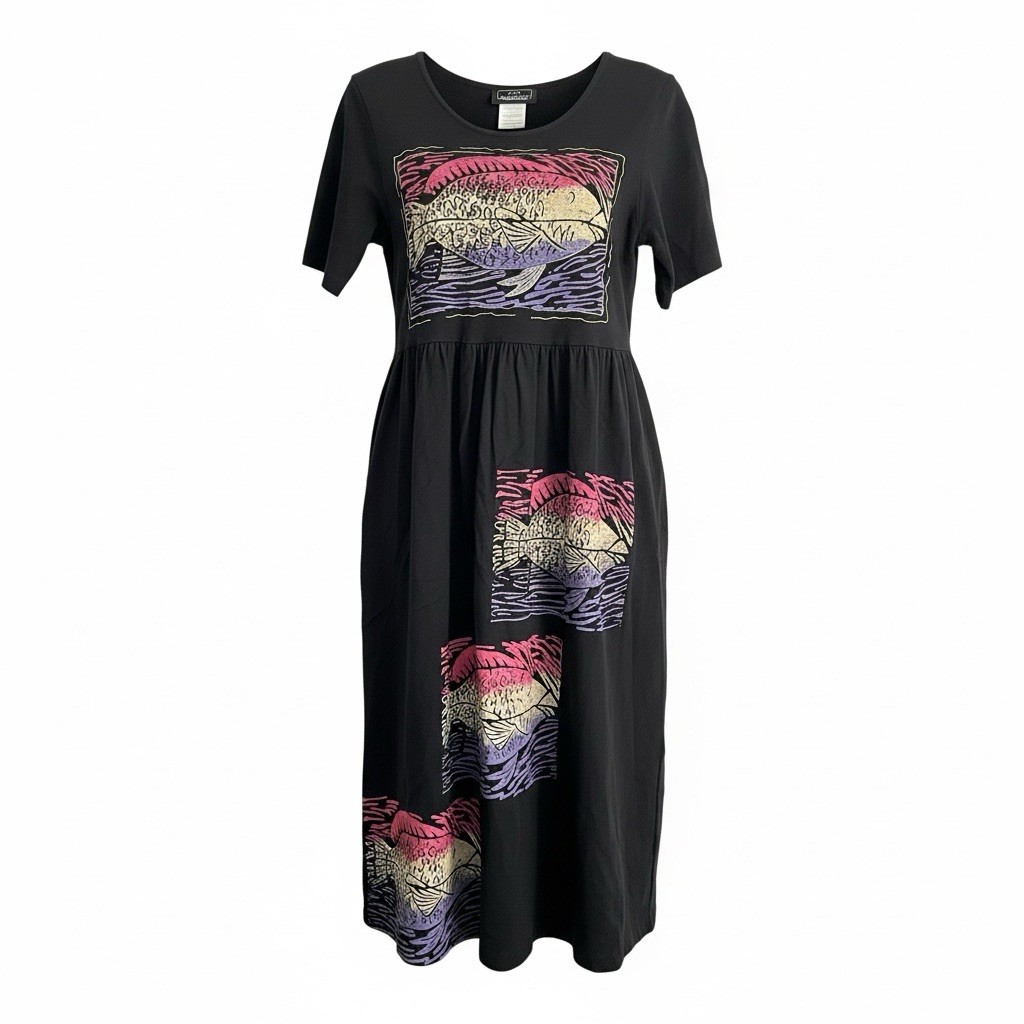 VTG 90s L.A. Artwear Black Cotton Shirt Dress Fish Art Sz S/M Retro Resort Midi