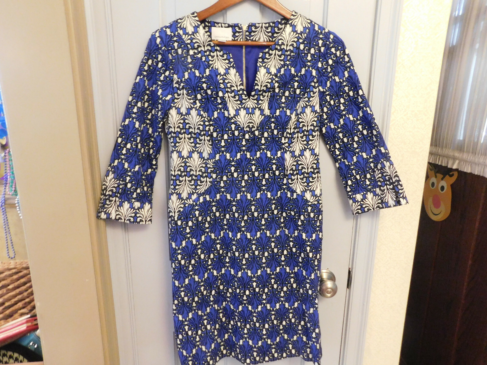 Donna Morgan Black Cobalt Blue white Sheath Dress Paisley Damask sz 6 EUC Fancy!