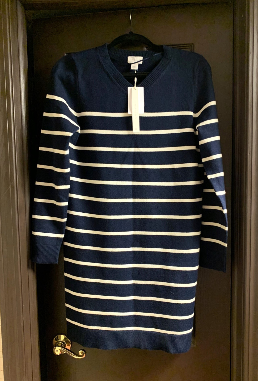 NWT Caslon Navy/White stripe dress XS Poly/nylon knit