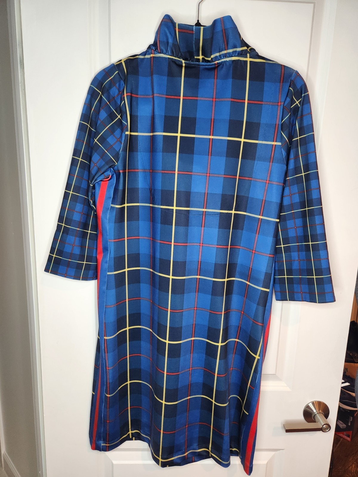 Gretchen Scott Dress M Navy Plaid Comfy Jersey Knit Ruffleneck Dress 3/4 Sleeves