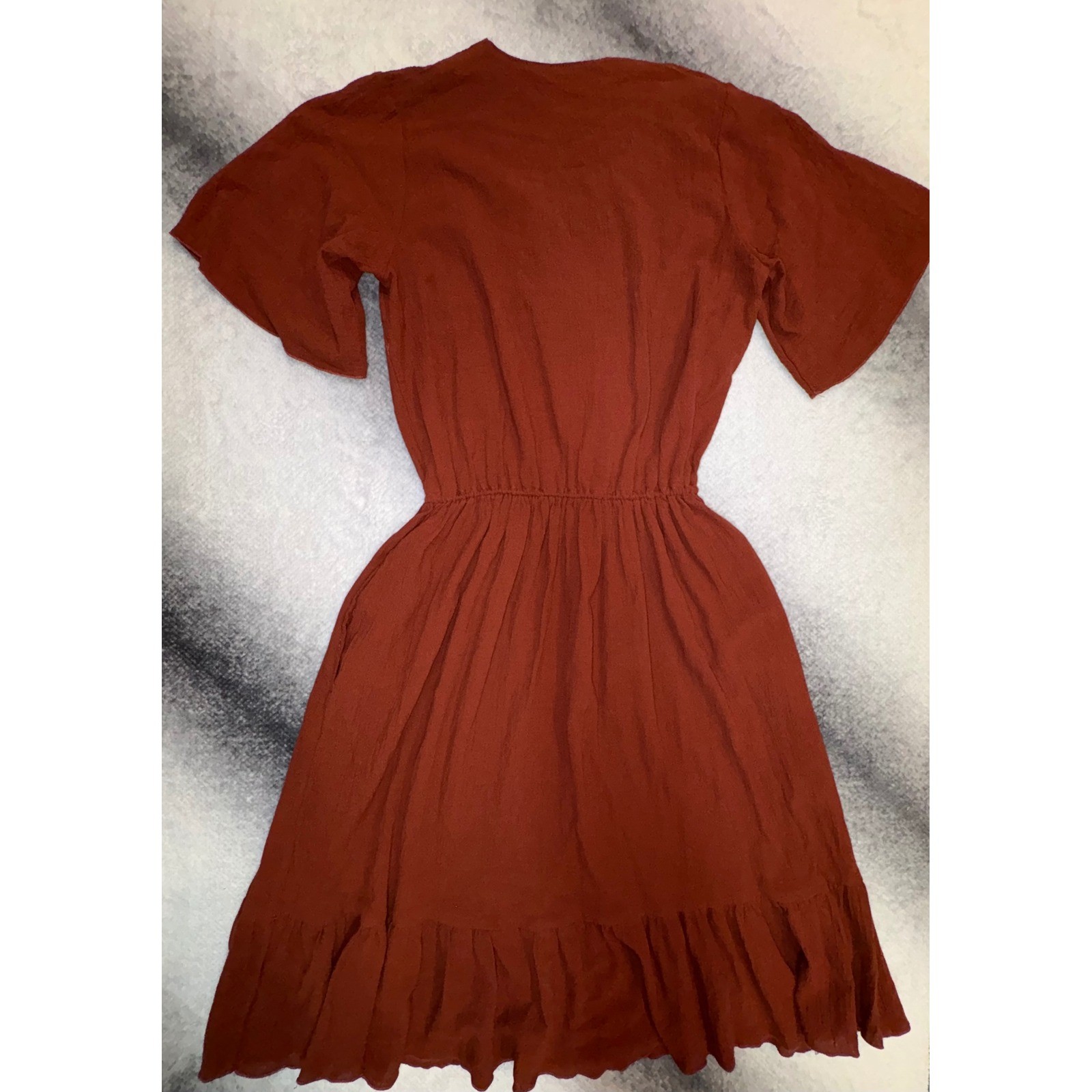 (S) Origin Mexico Rust Brown Artisanal Handmade Wrap Ruffle Midi Dress Womens M