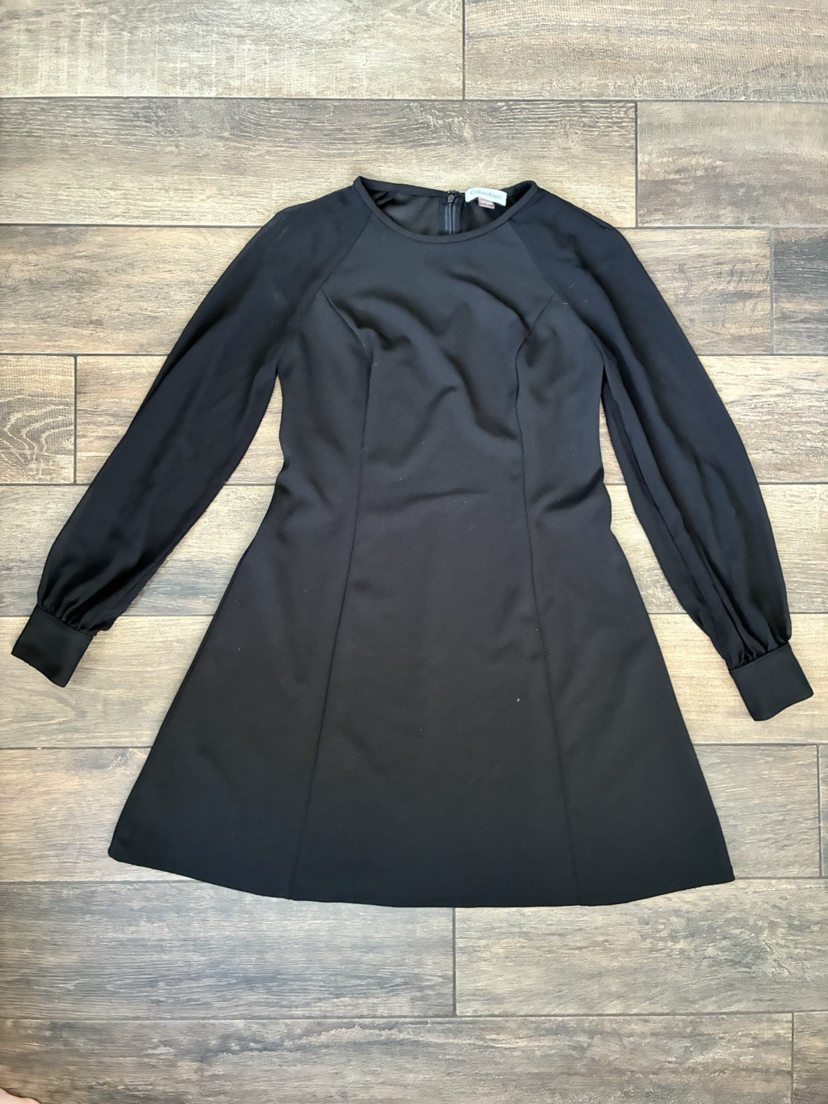 Calvin Klein Women Long Sleeve Black Dress Size 4 Black Sheer Cuffed Sleeves