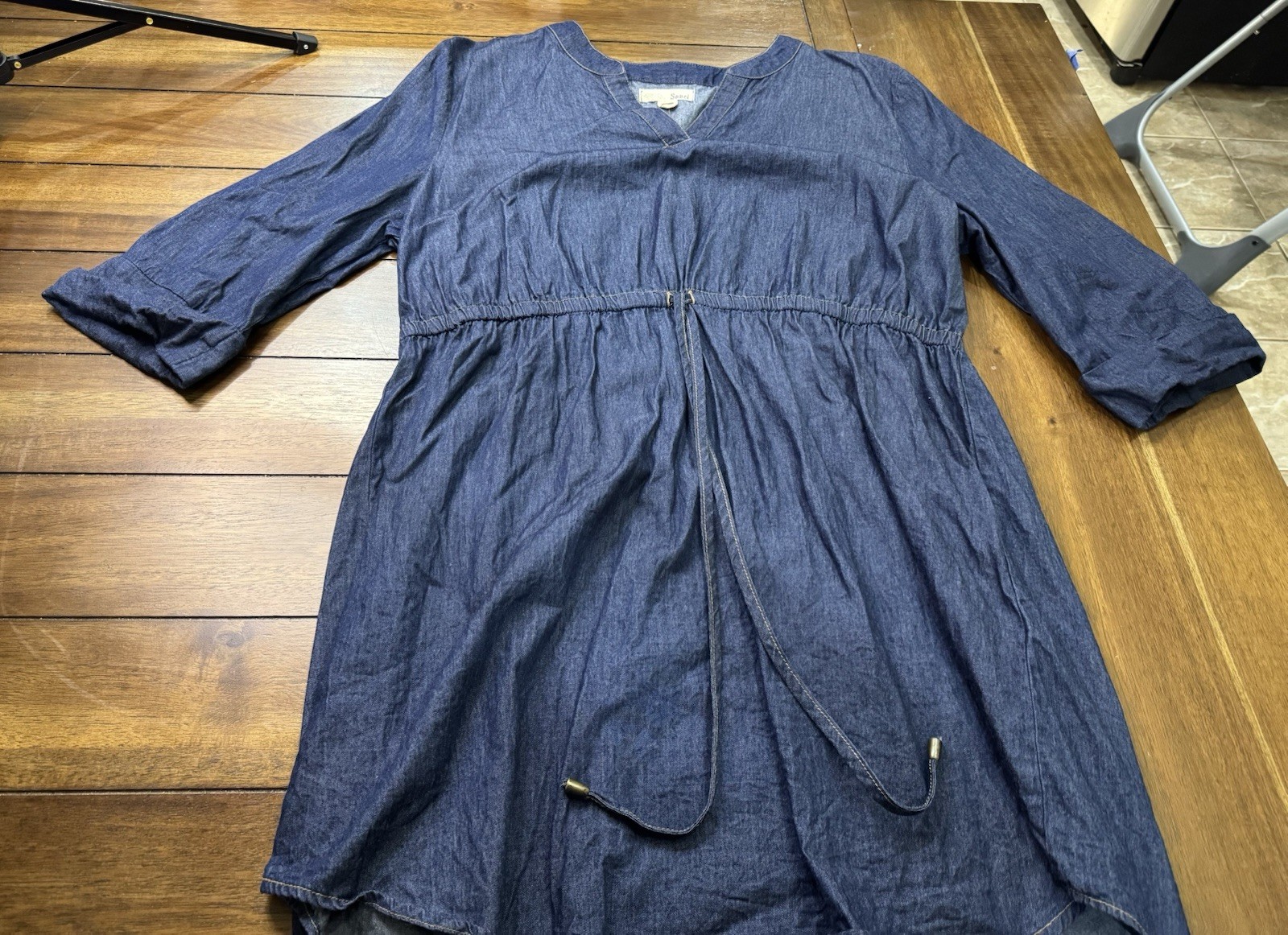 Sauci Blue Denim Dress XL V-Neck 3/4 Sleeve Drawstring Waist Chambray Tunic XL