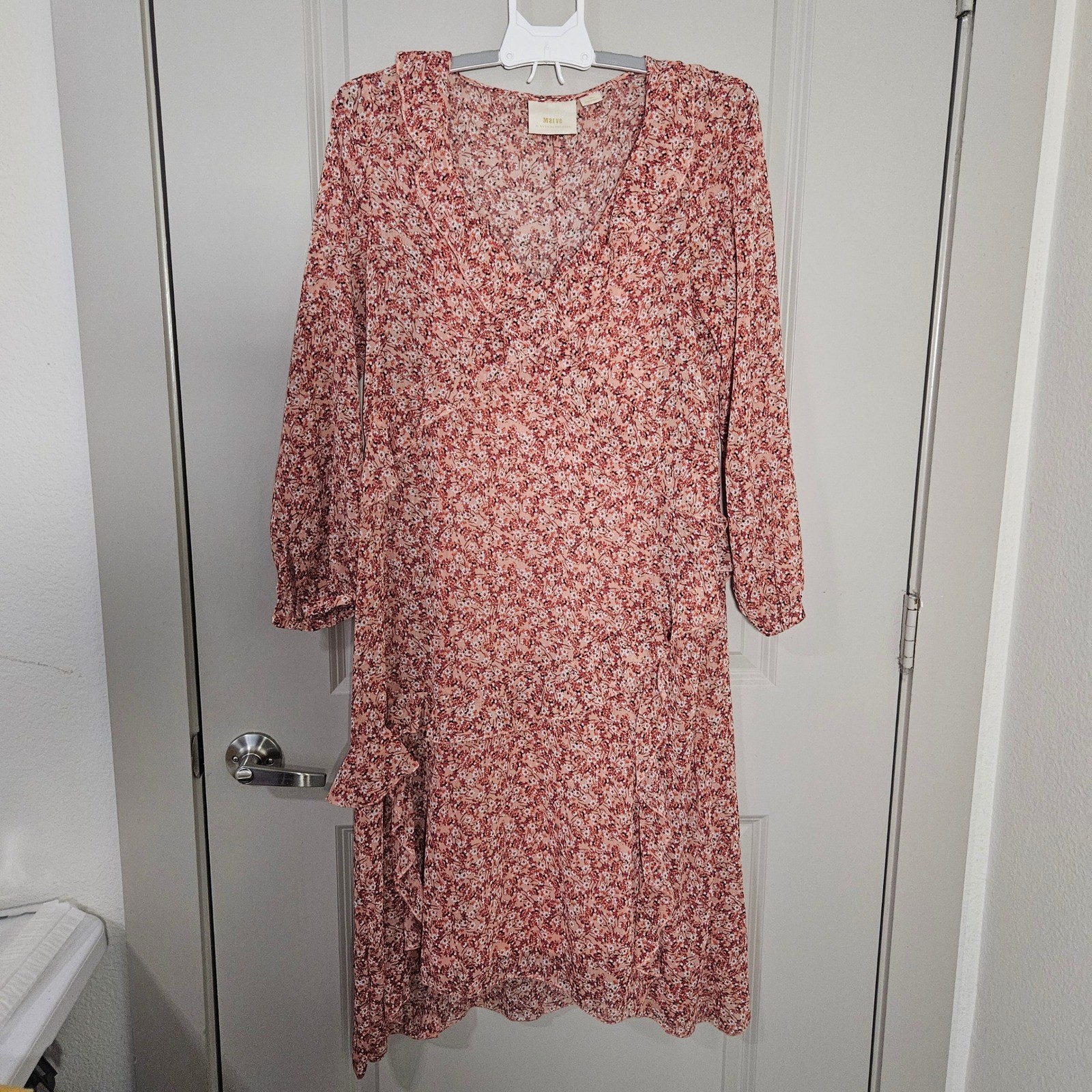 Maeve by Anthropologie Floral Print Midi Dress Women’s Sz S Pink Red Long Sleeve