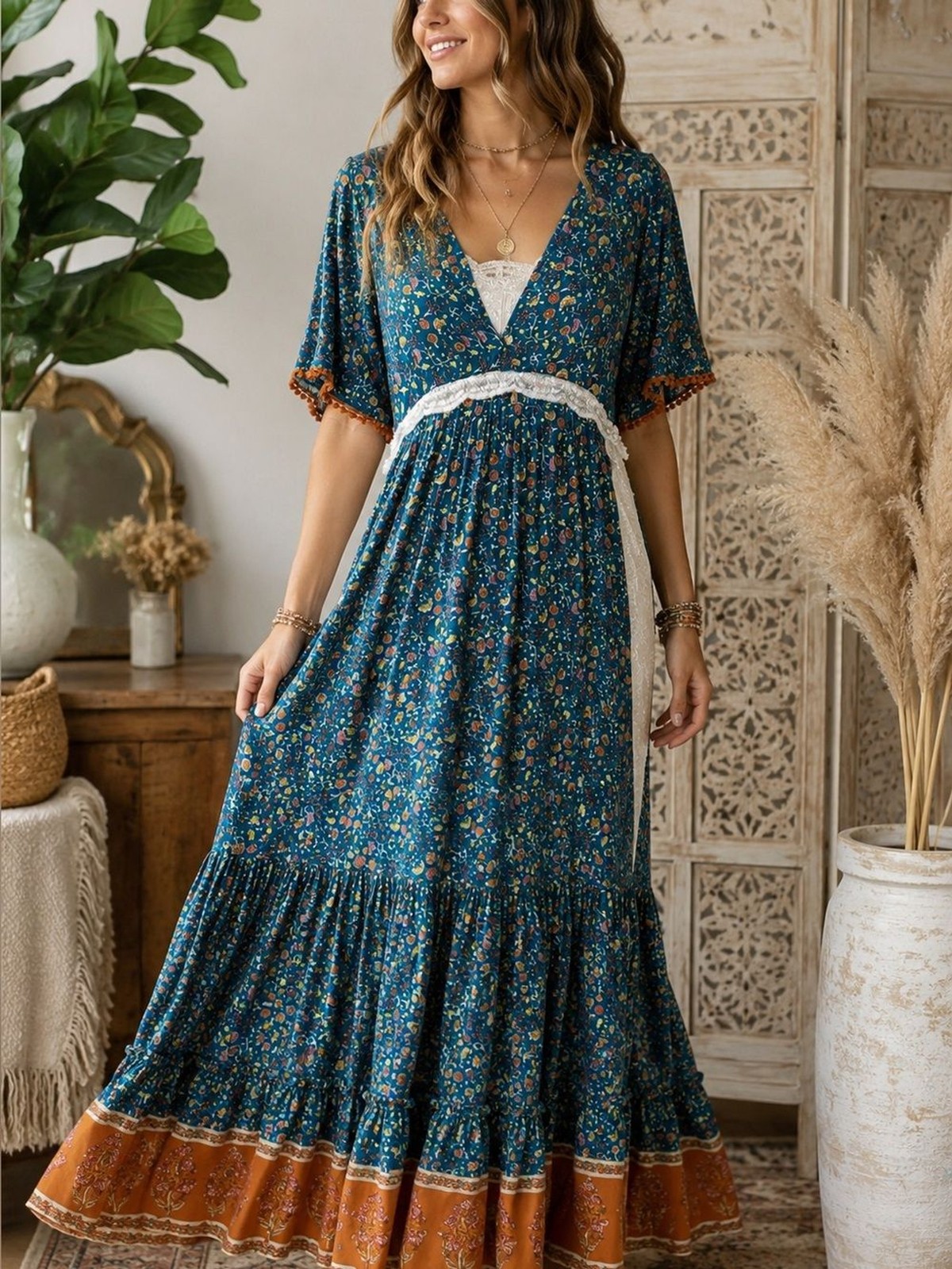 R. Vivimos Boho Floral Lace Panel Maxi Dress XL 16/18
