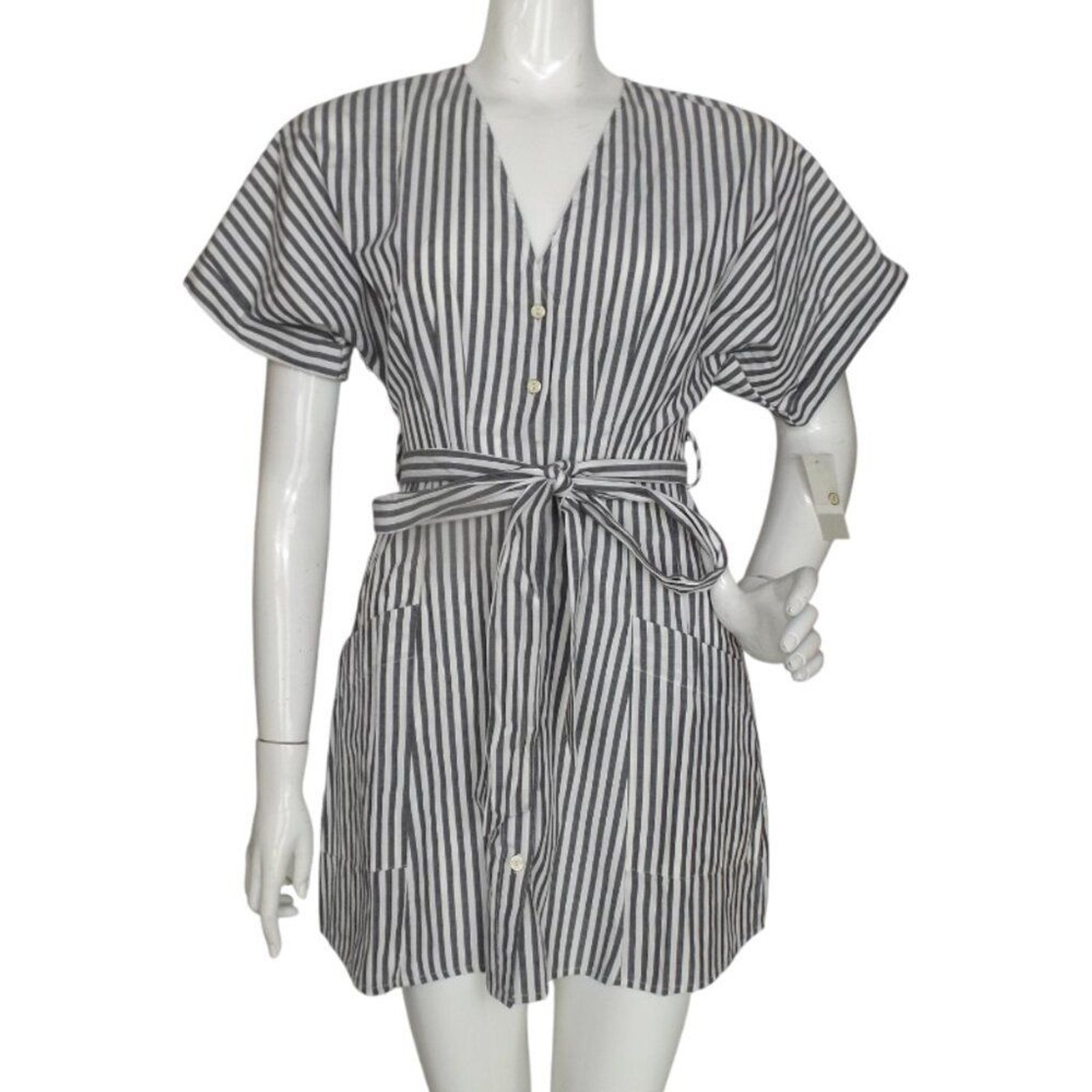new BP Dress, XXS, Grey/White Stripes, Mini, Buttons, Pockets, Summer, Belt