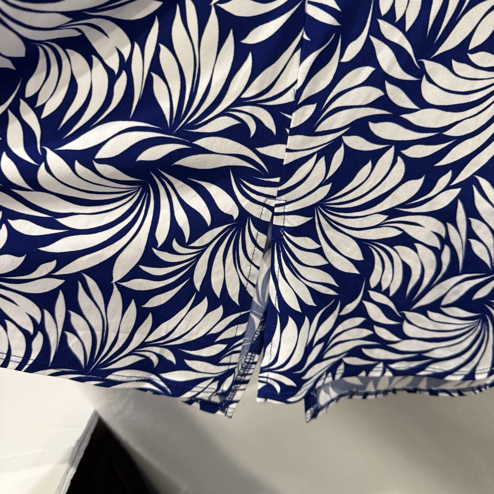 Susan Graver Blue White Tropical Palm Leaf Print Sleeveless Midi Dress 1X
