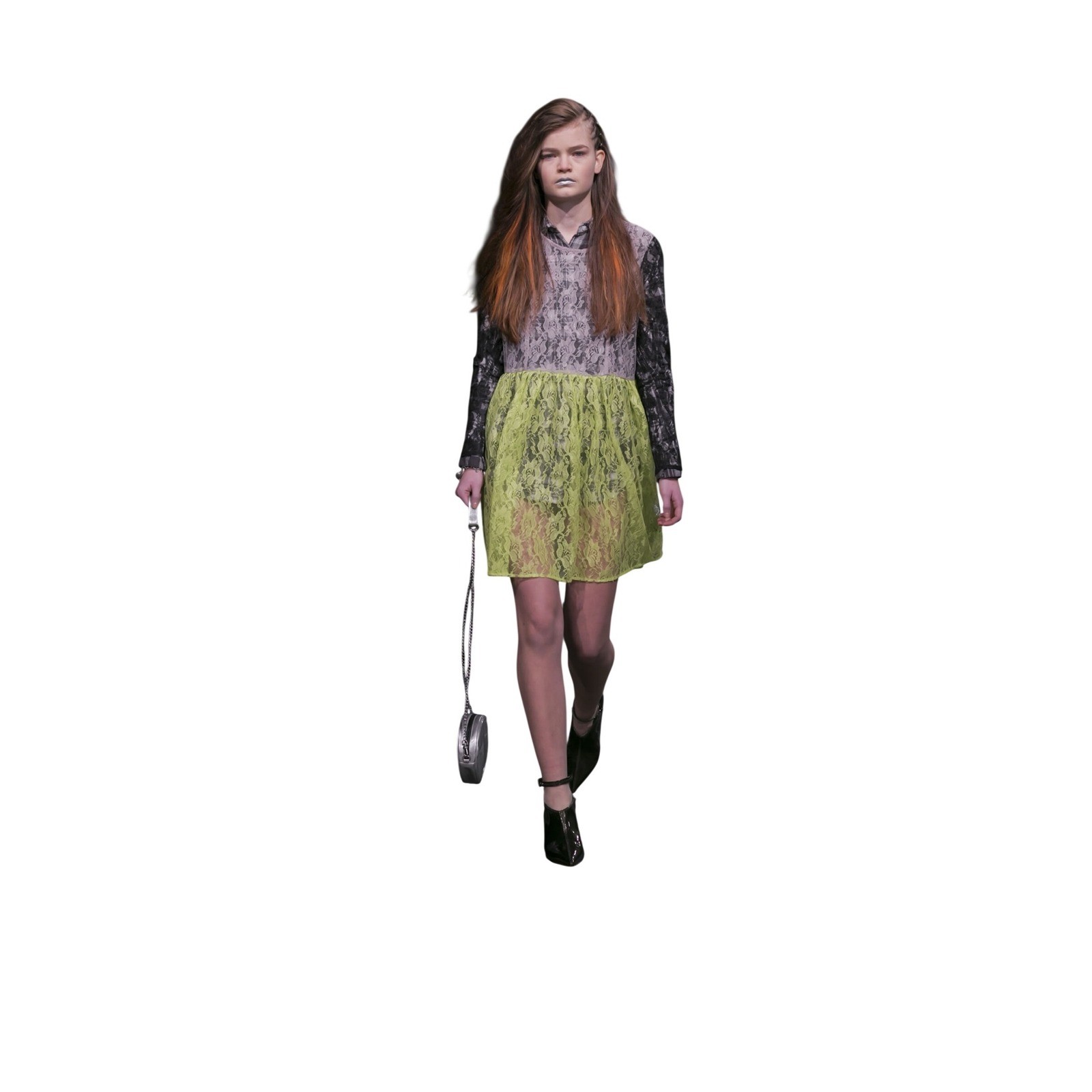 Cheap Monday Color Block Lace Dress Lime Green Black GrayKnee Length Party S