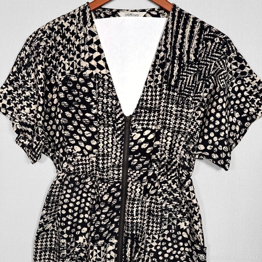 Tramp Zip Front Open Back Mini Dress | Black Cream | Pockets | Y2K | SMALL