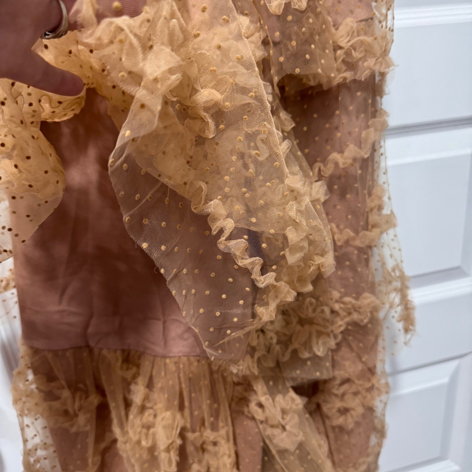 Just Me Tan Tulle Swiss Dot Tiered Ruffle Midi Dress