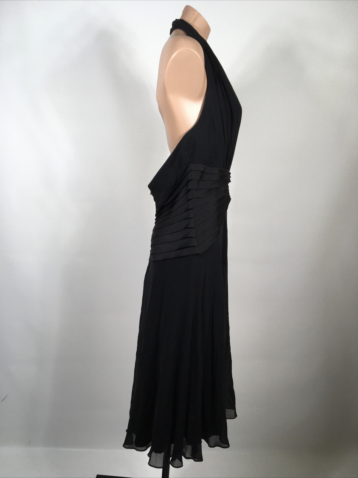 Silk Dress Tadashi Collection Black Pleated Halter Flare Cocktail Sz L 12 Formal
