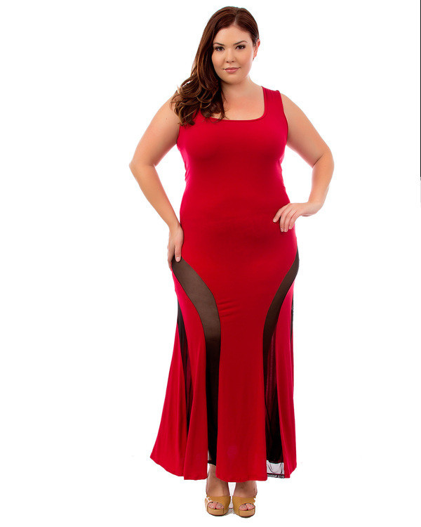 Womens Plus L,XL/1XL,2XL,3XL Black Or Red Sleeveless Sheer Mesh Panel Maxi Dress