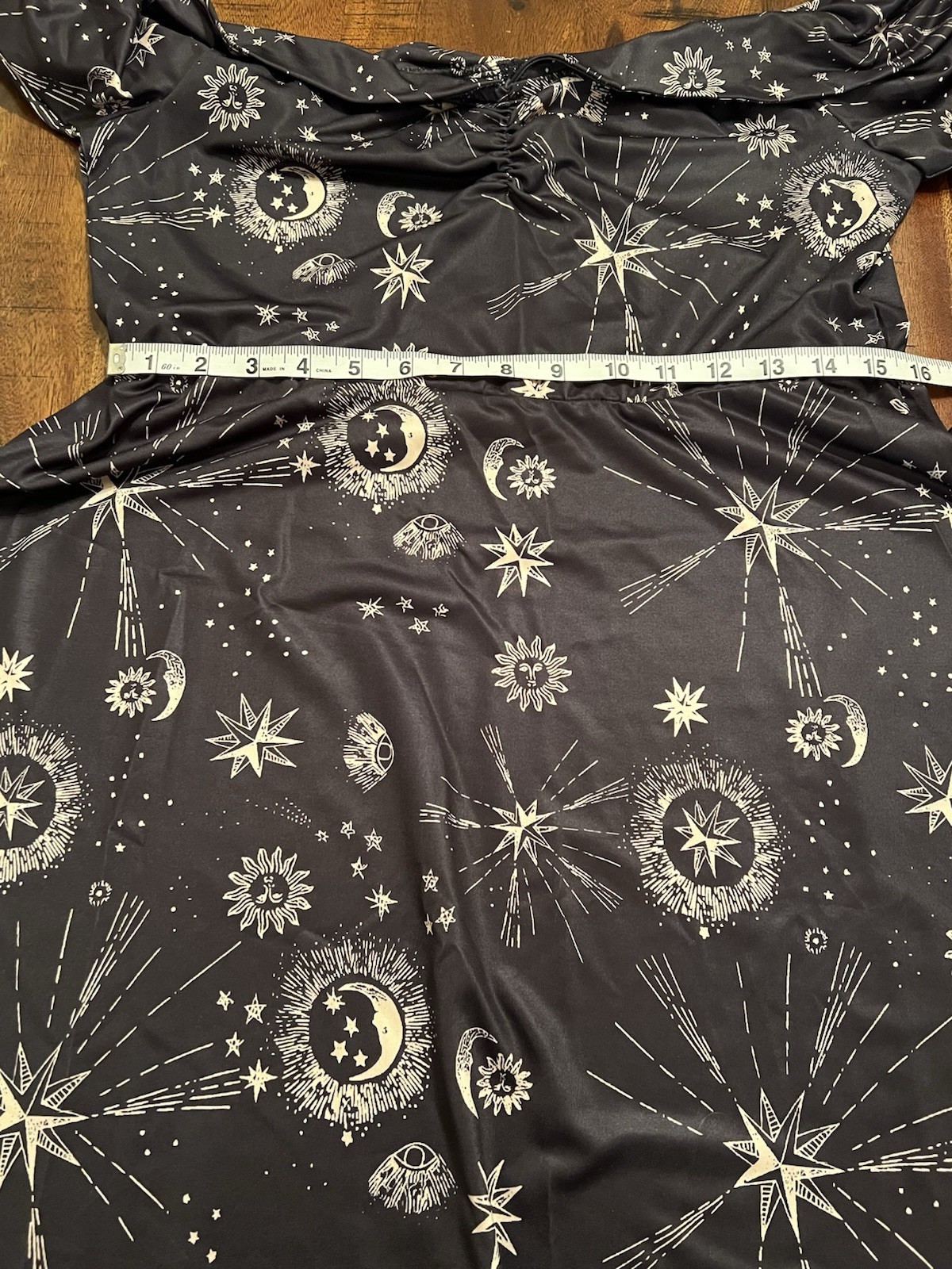 Womens XL Celestial Moon Stars Sun Off Shoulder Mini Dress Bell Sleeve Goth Boho