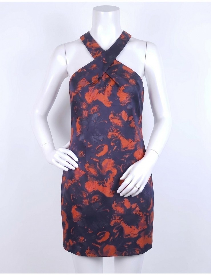 Trina Turk Muir Woods Womens 8 Navy Orange Jacquard Halter Shift Dress USA Made
