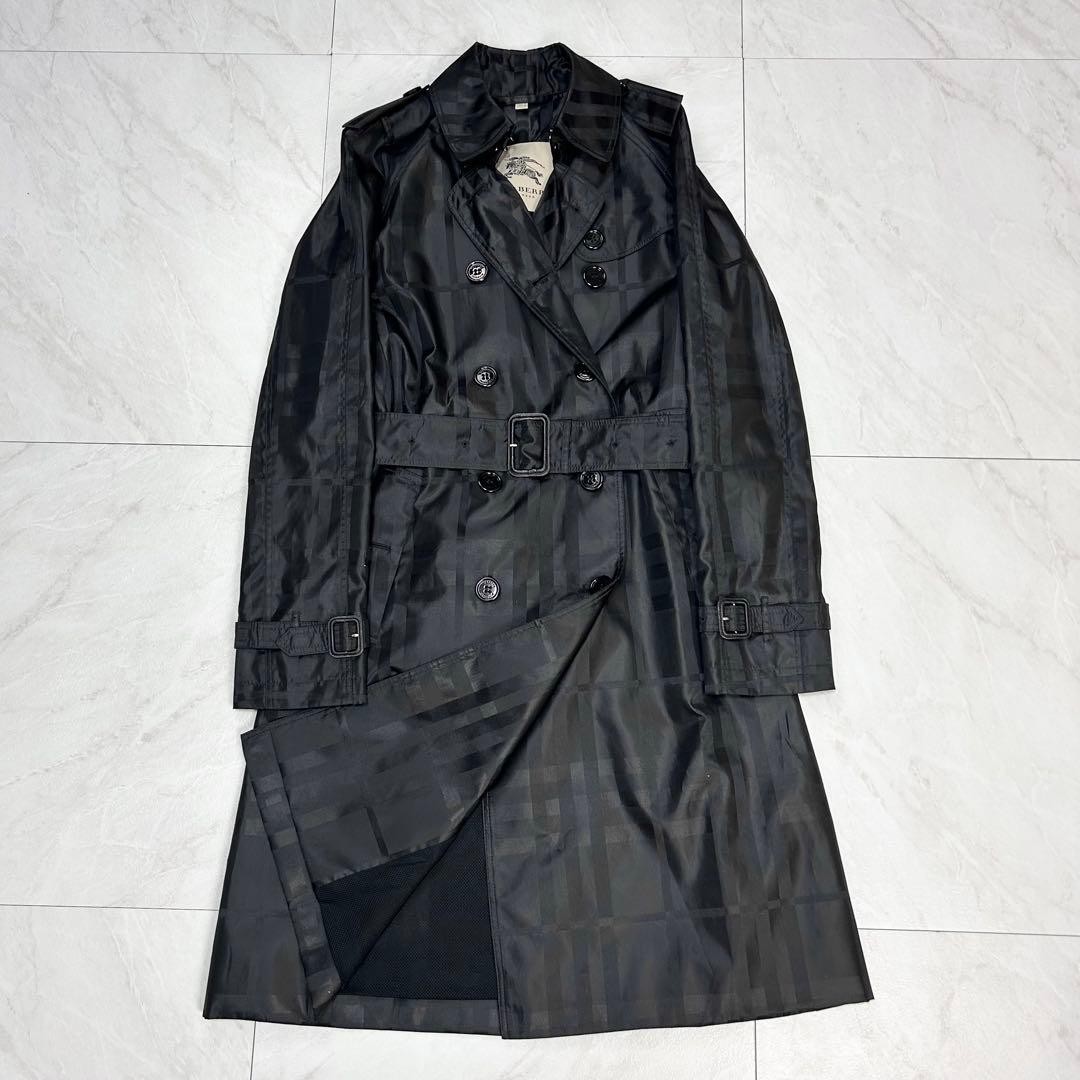 Burberry Trench Coat UK4 Black Nylon Shadow Check Excellent Condition 96cm