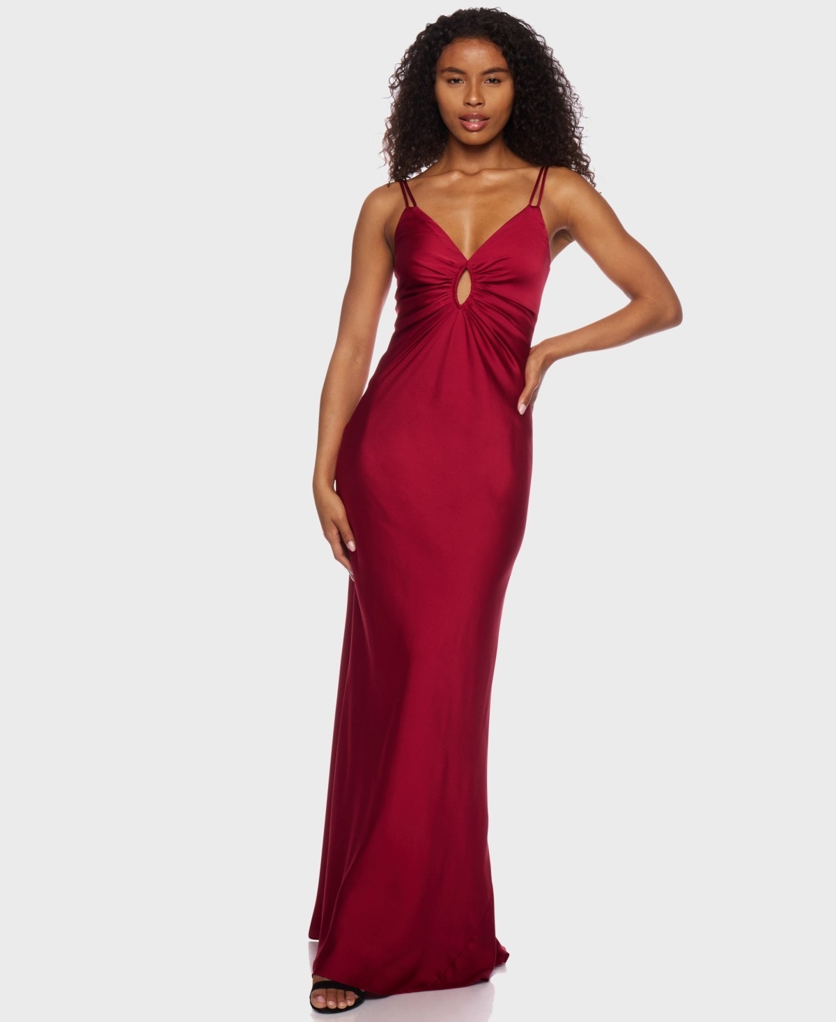 Alex & Sophia Juniors’ Satin Keyhole Gown – Cranberry – Size 0-