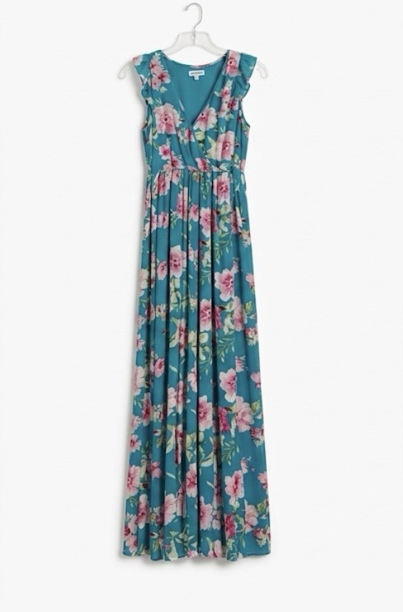 ce:some Women’s Teal Pink Floral Maxi Wrap Dress M V-Neck Sleeveless Tie