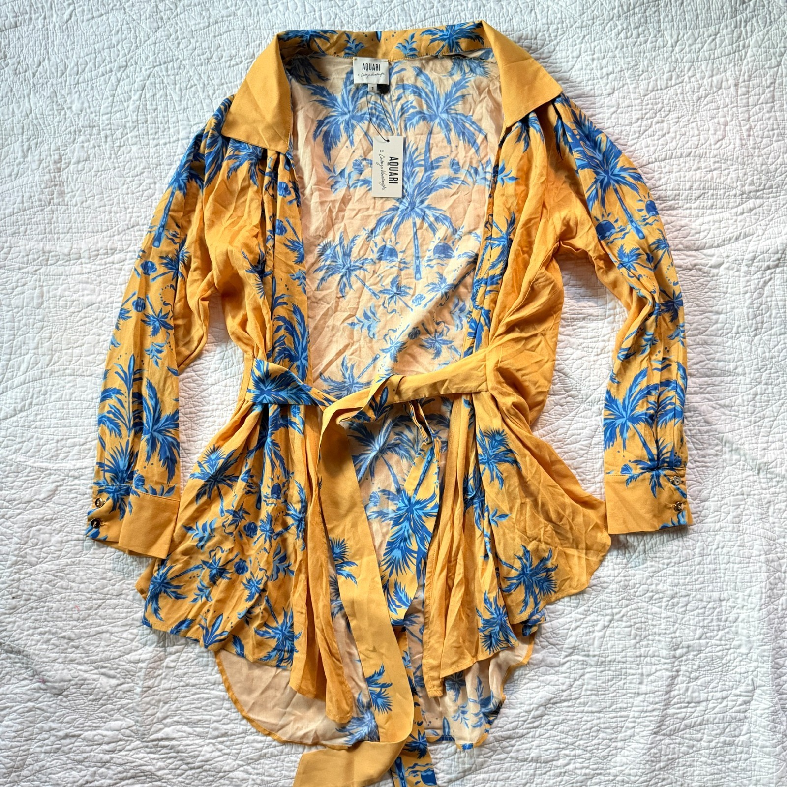 $198 NWT Aquari Yellow Blue Palm Tree Robe Wrap Dress Size S Boho Resort Wear
