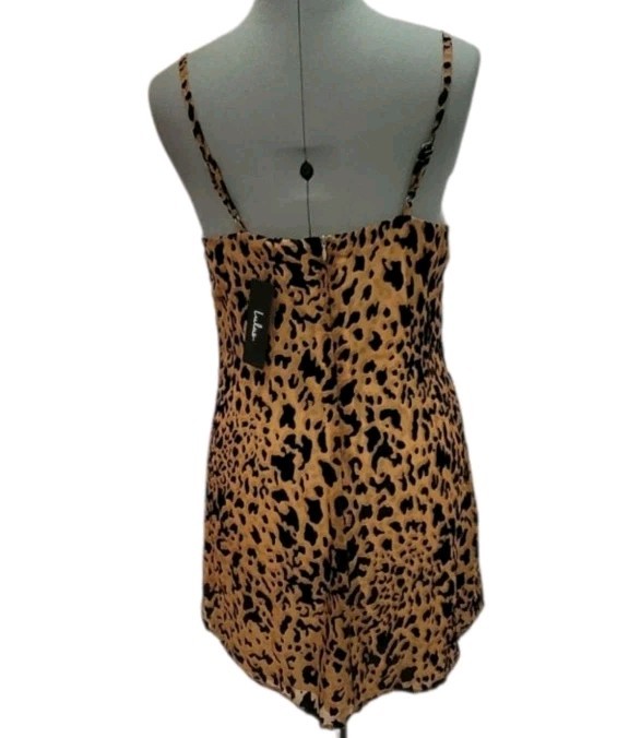 Lulus NWT Shes Feisty Leopard Print Cowl Neck Mini Dress Spaghetti Straps Size L