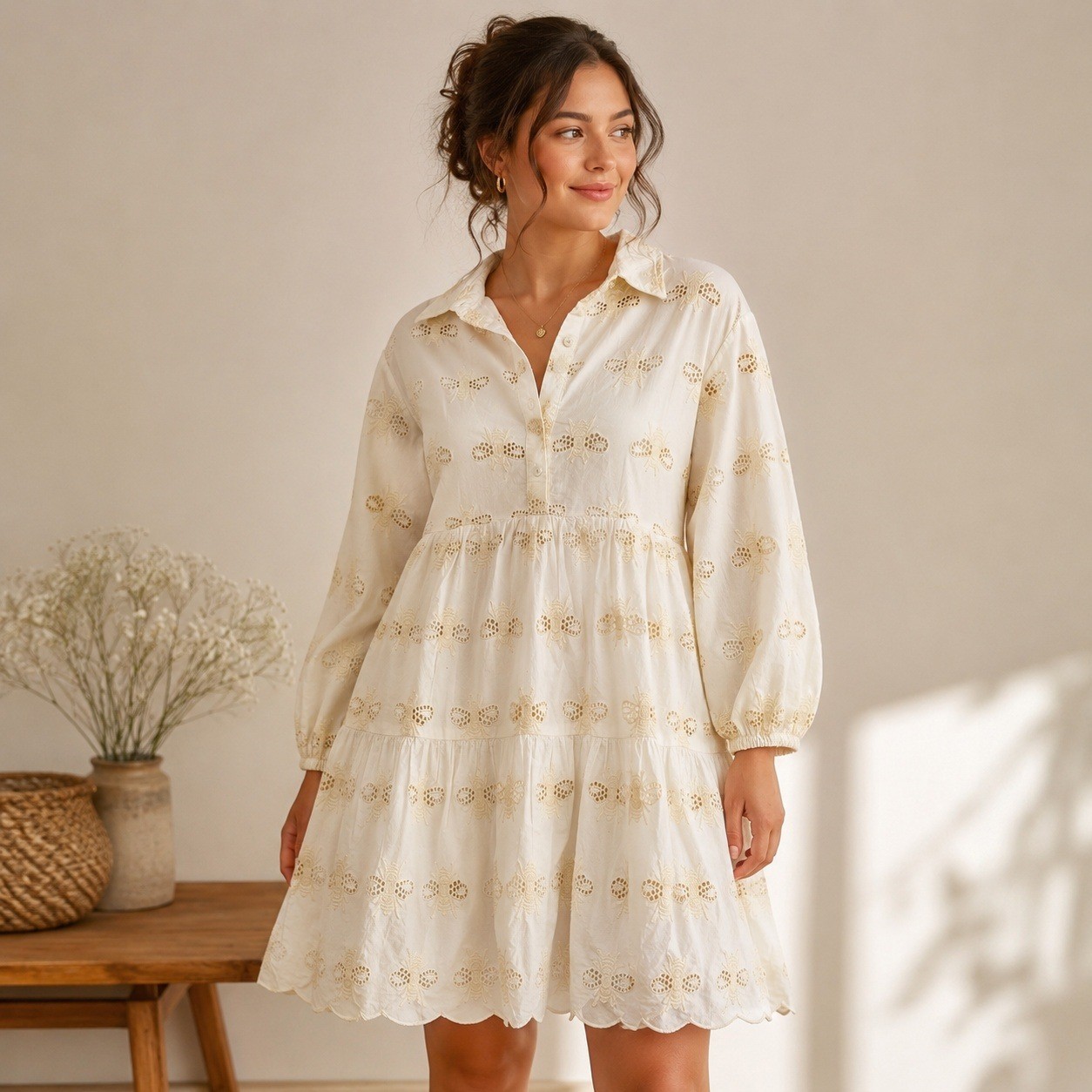 Anthropologie The Bettina Tiered Mini Shirt Dress Embroidered Bee Edition Large