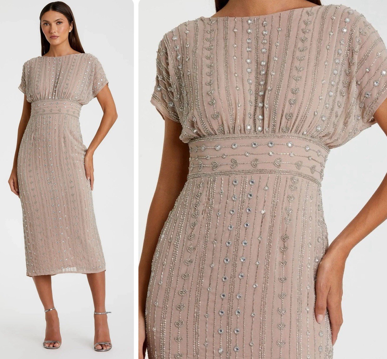 Mac Duggal 93649 Beaded Size 6 Midi Dress Beige Empire Waist Cap Sleeves NWT
