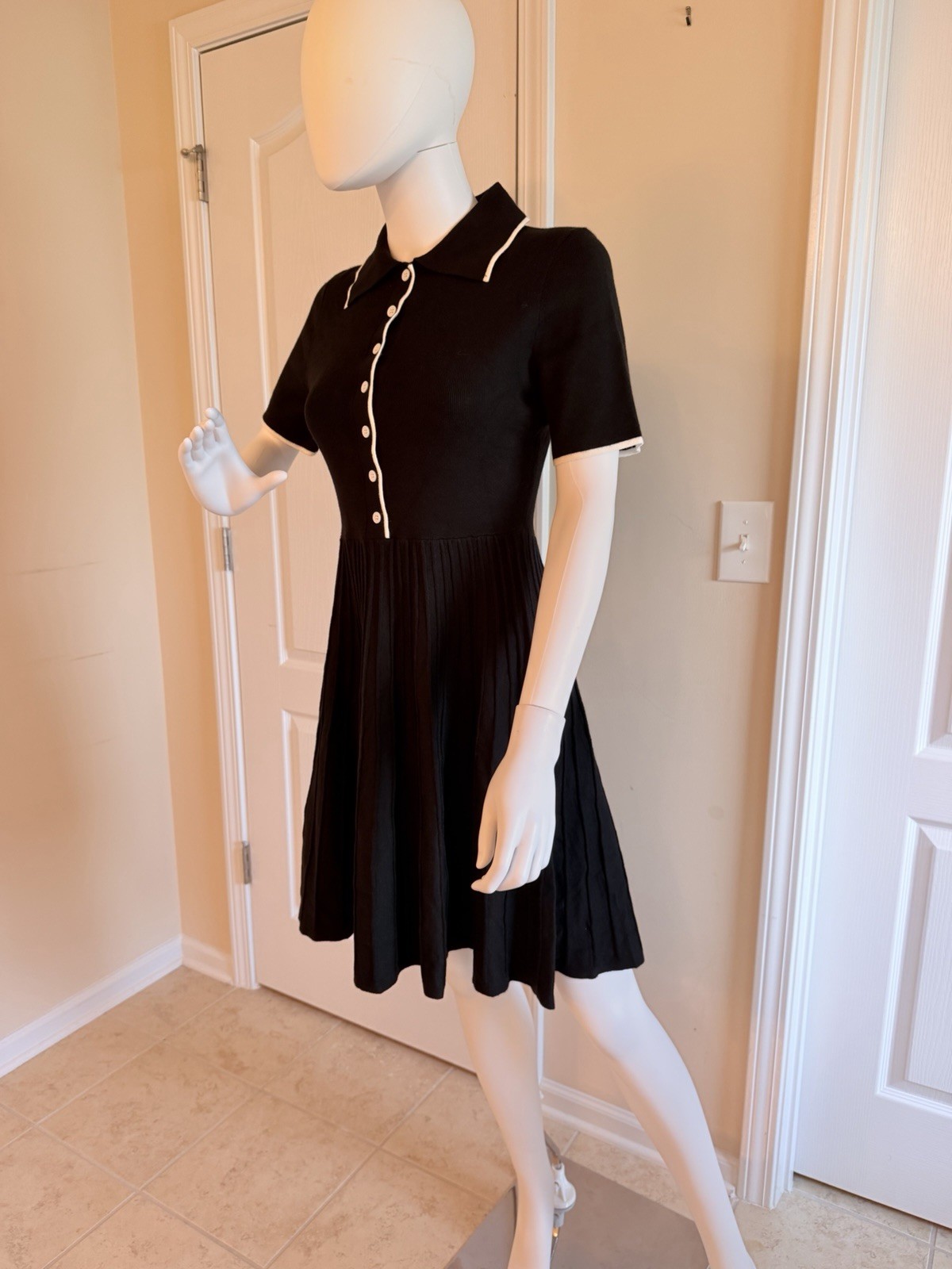 NEW Polo-Collar Short Sleeve Pleated Summer Ribbed Knit Midi Dress Size S