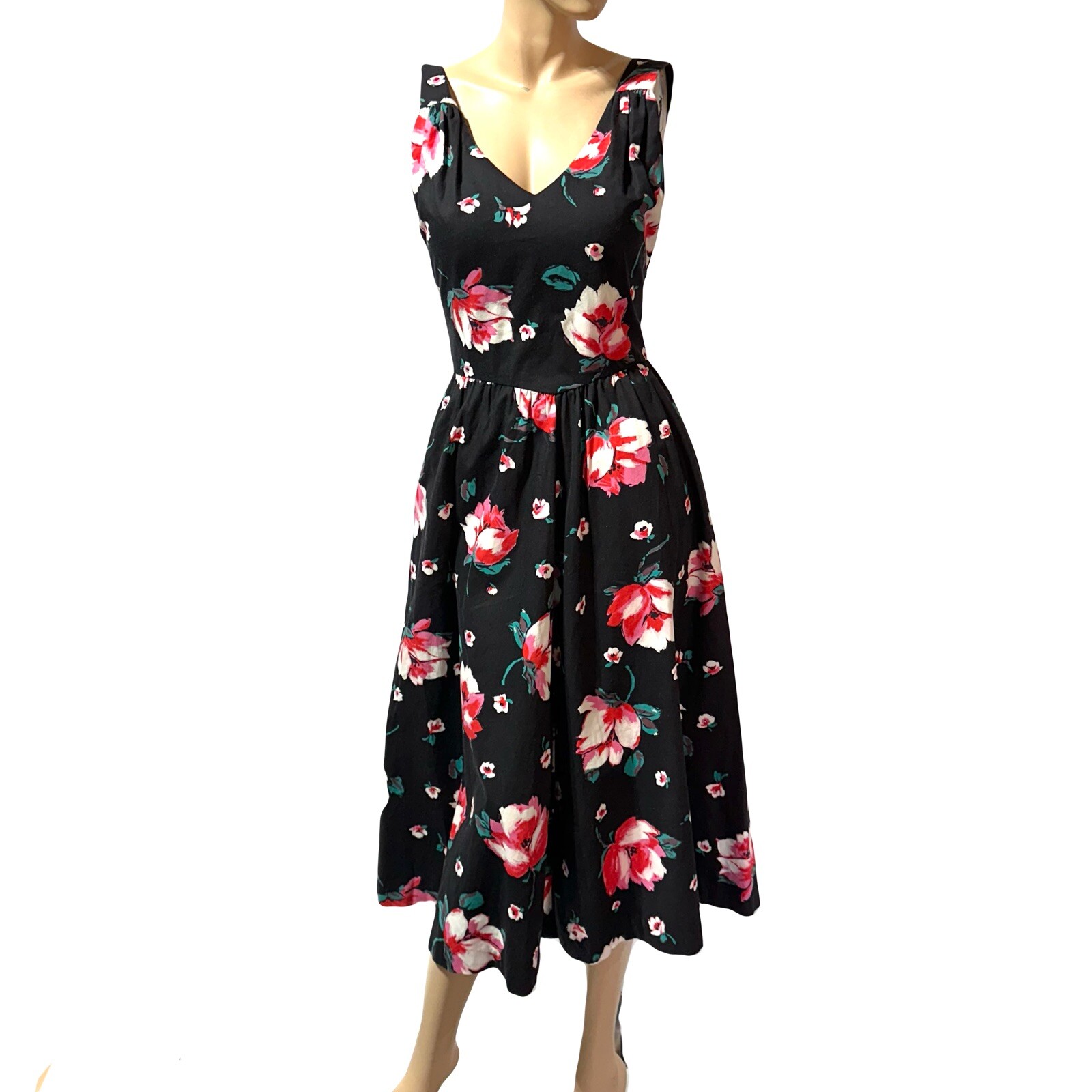 LANZ ORIGINALS Vintage 80s Looks 50s Black Floral Midi Dress Size 6 Runs Small