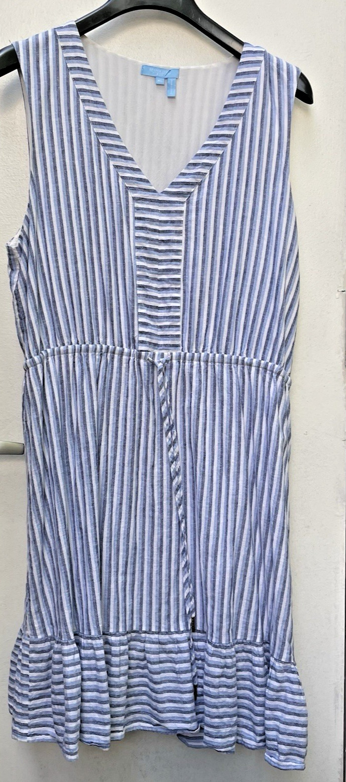 Draper James RSVP Cotton Linen Blend Dress Striped Blue White Ruffle Boho XL