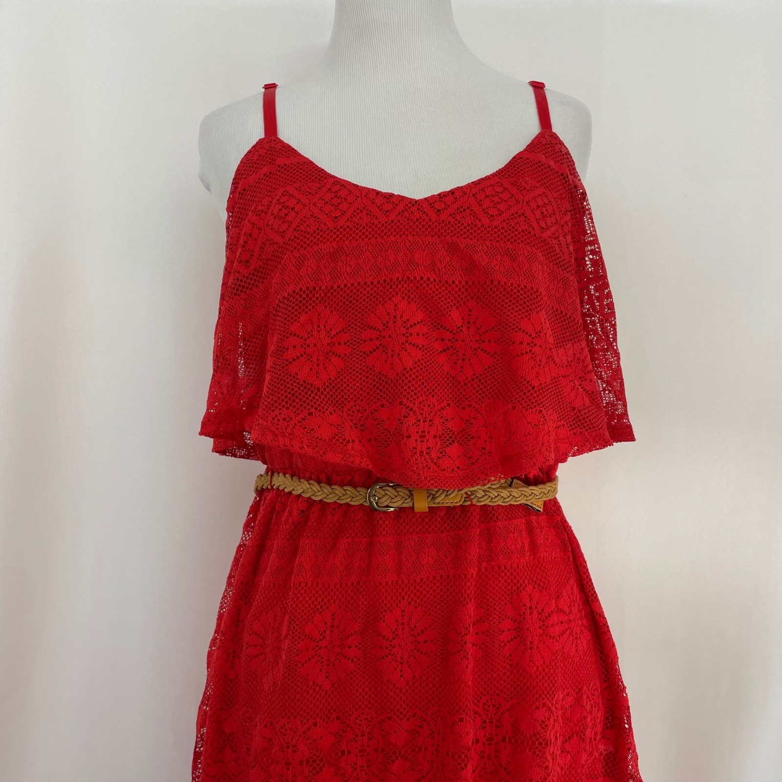 Charlotte Russe Size Medium Midi Dress Red Lace Flounce Belted Y2K Womens
