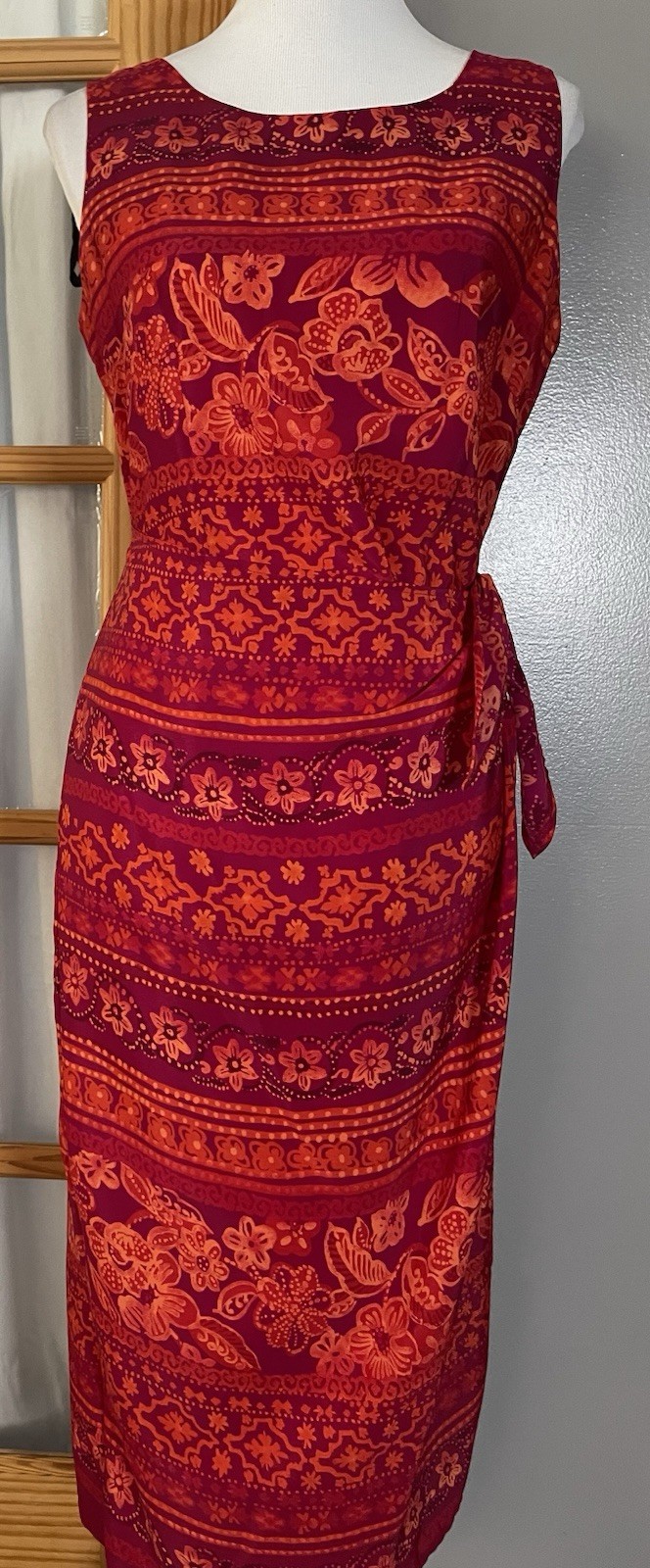 Vtg 90s Floral Midi Dress 10P Orange Magenta Side Drape Panel Festive Party