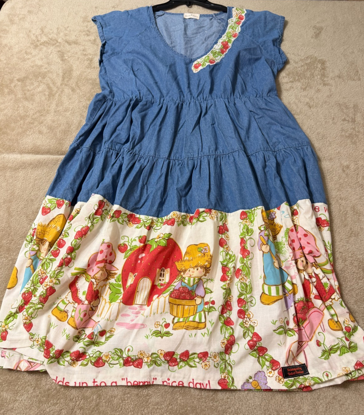 OOAK Strawberry Shortcake Denim Babydoll Dress Womens XL Upcycled Cottagecore